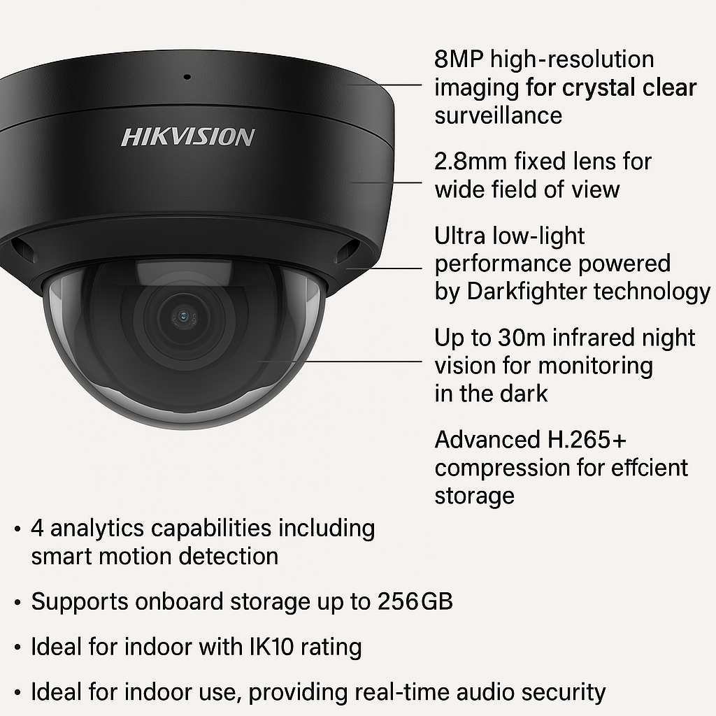 Hikvision: DS-2CD2186G2-ISU(2.8mm)/BLACK, 8MP Bullet Camera, AcuSense, Fixed Lens, 30m IR, Darkfighter Technology, IK10
