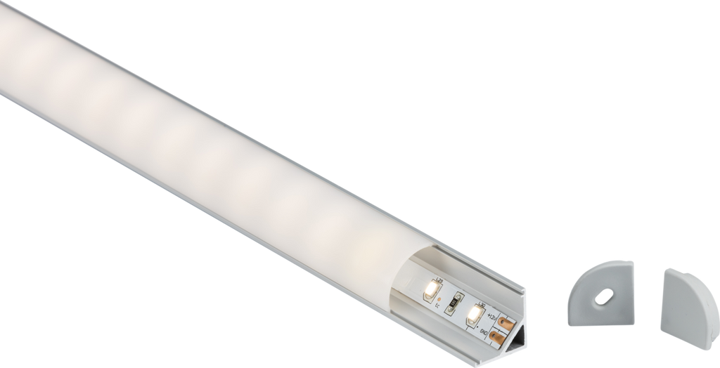 Knightsbridge: 1MCOR, 1M Surface Mount Aluminium Profile Corner for LED Strip, Angled Diffusion, Matt Silver, IP20