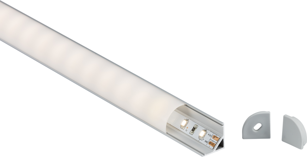 Knightsbridge: 1MCOR, 1M Surface Mount Aluminium Profile Corner for LED Strip, Angled Diffusion, Matt Silver, IP20