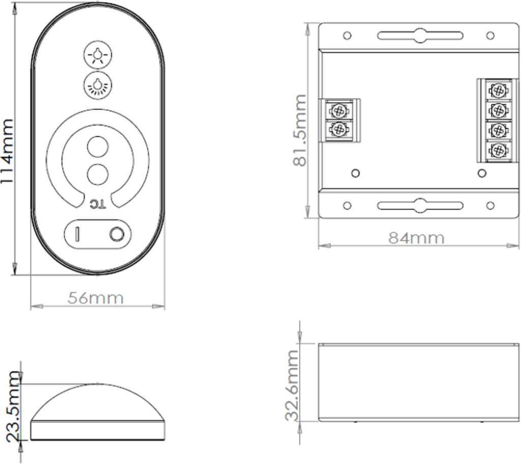 Knightsbridge: LEDFRA8, 12V/24V RF Touch Remote Controller, CCT Adjustable, Dimmable, Max Power 288W, IP20
