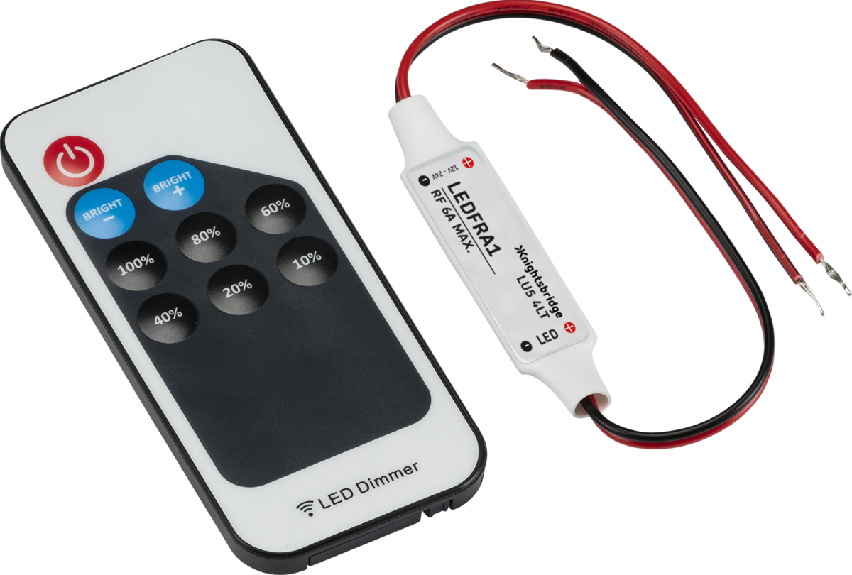 Knightsbridge: LEDFRA1, In-line RF Dimmer Controller, 12V/24V, Max 72W/144W, Wireless Remote, White, IP20