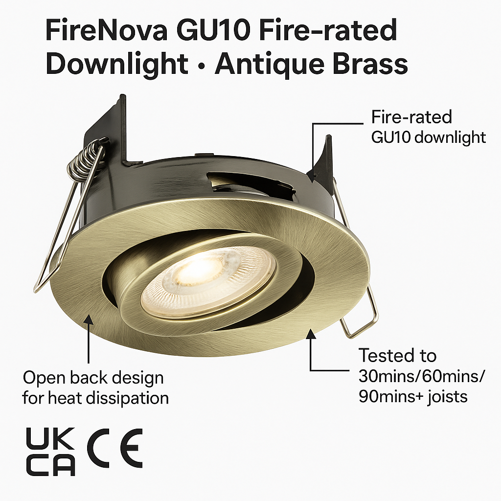 Knightsbridge: FRNTAB, FireRated Tilt GU10 Downlight, Antique Brass, 7W, IP20, Tool-Free Installation, 230V