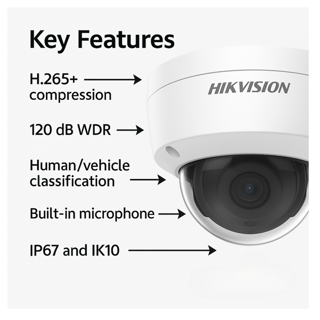HikVision: DS-2CD2126G2-ISU(2.8mm), 2 MP AcuSense Fixed Dome Network Camera, 12 VDC, IP67, IK10