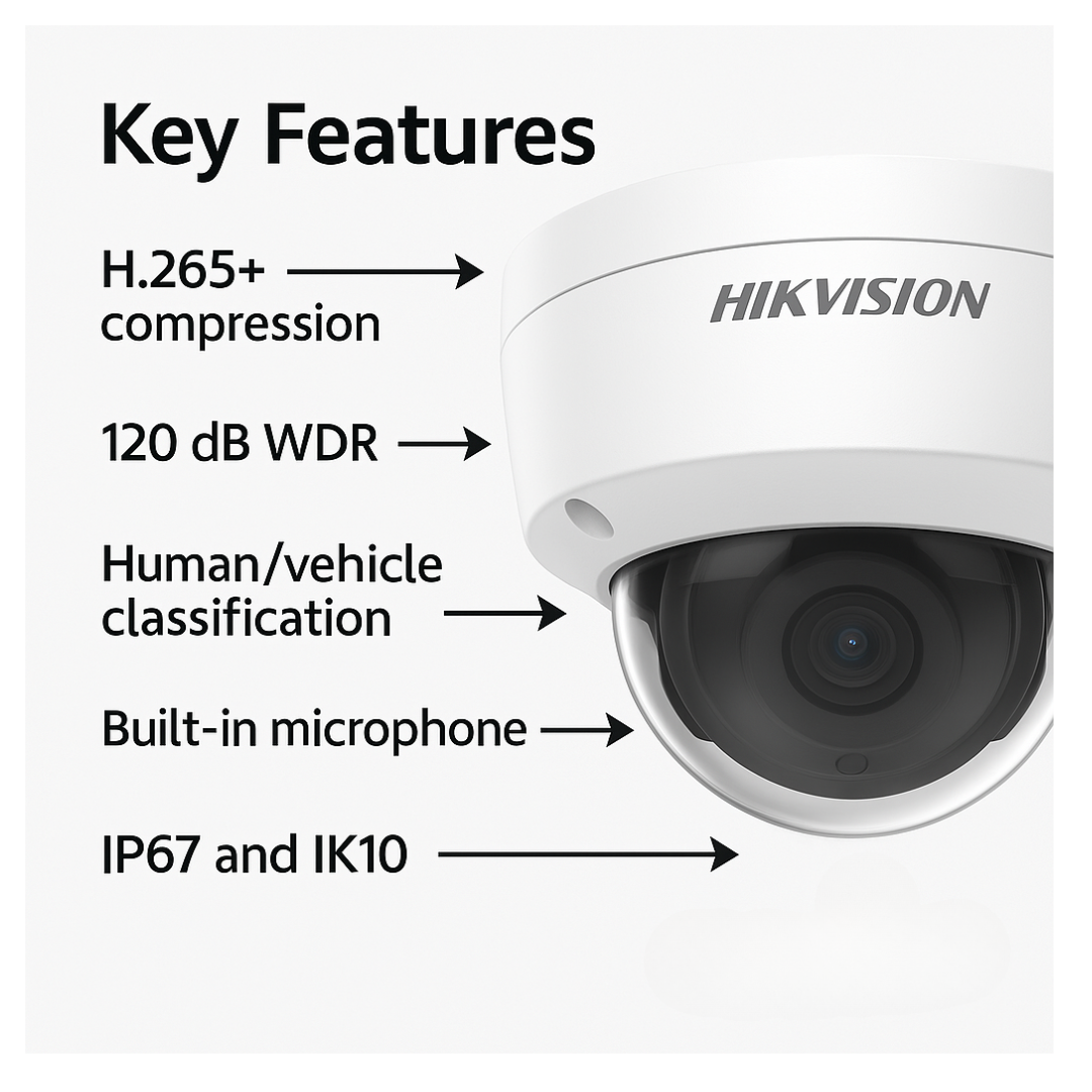 HikVision: DS-2CD2126G2-ISU(2.8mm), 2 MP AcuSense Fixed Dome Network Camera, 12 VDC, IP67, IK10