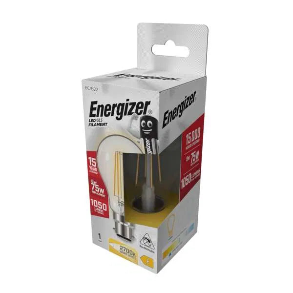 Energizer 8W LED Filament GLS B22 (BC) 1060lm 2700K Warm White Non-Dimmable – S12857, ENER547
