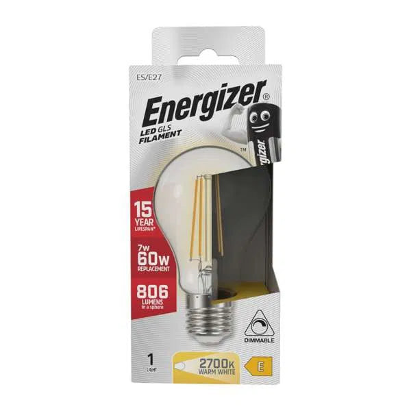 Energizer 7W LED Filament GLS E27 (ES) 806lm 2700K Warm White Dimmable – S12852, ENER542
