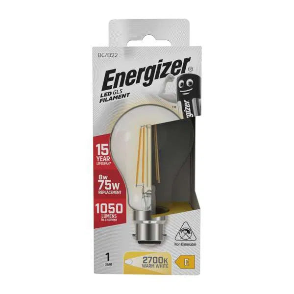 Energizer 8W LED Filament GLS B22 (BC) 1060lm 2700K Warm White Non-Dimmable – S12857, ENER547